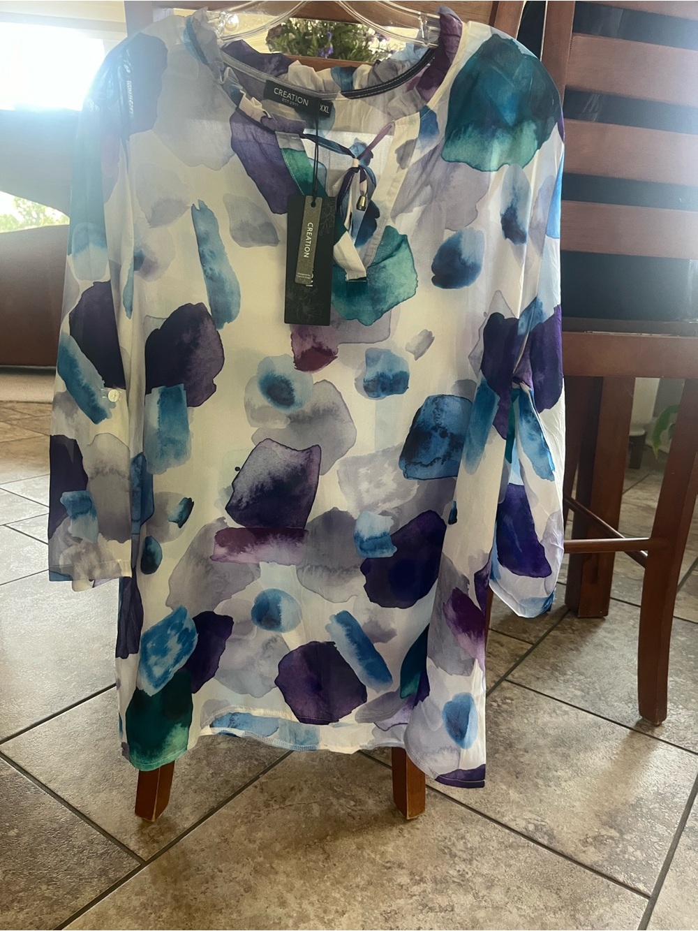 Womens White Watercolor Print Top - Blue & Purple XXL Brand New!